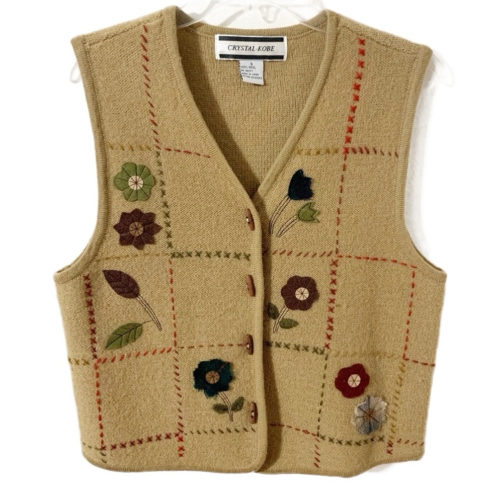 Vintage Crystal Kobe Wool Knit Mini Toggle Button Front Appliqué and Embroidered